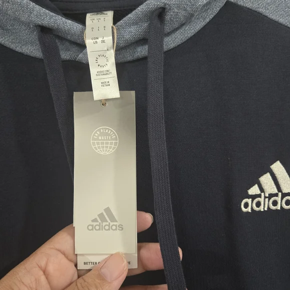 Adidas Hoodie Mens L Blue Black 3 Stripe Pullover Sweatshirt NWT Logo - Picture 5 of 12